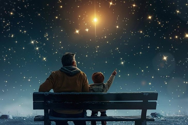 Dreaming of naming a star Father and son looking into the night sky and pointing to the star they named with International Star Registry.